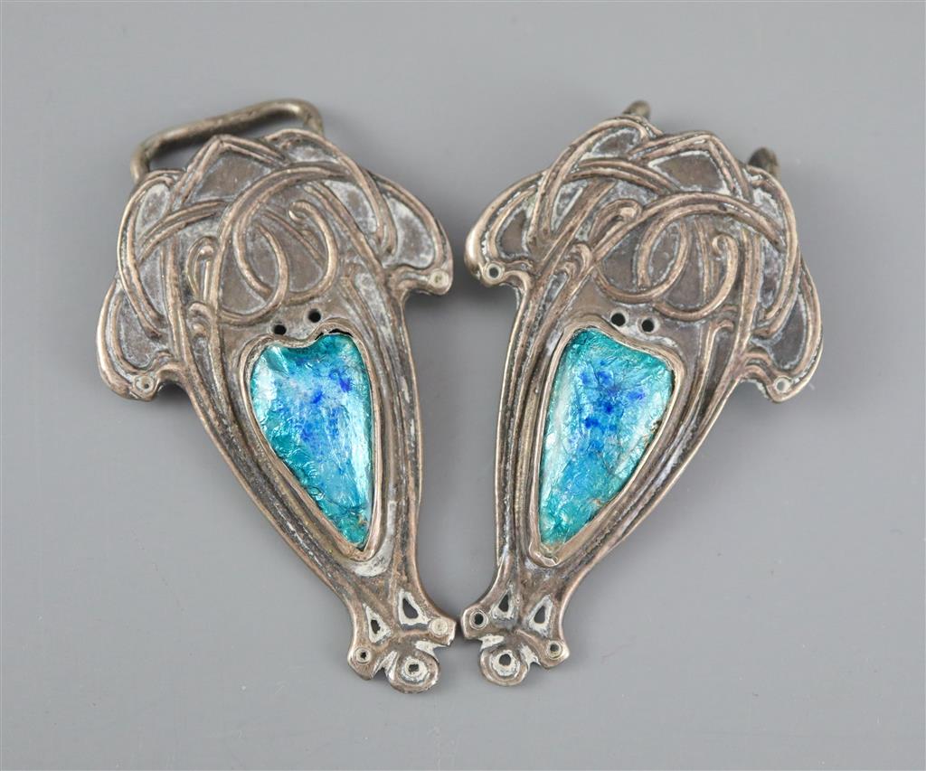 An early 20th century Art Nouveau silver and enamel set stylised belt buckle, makers marks only for Alwyn Carr,